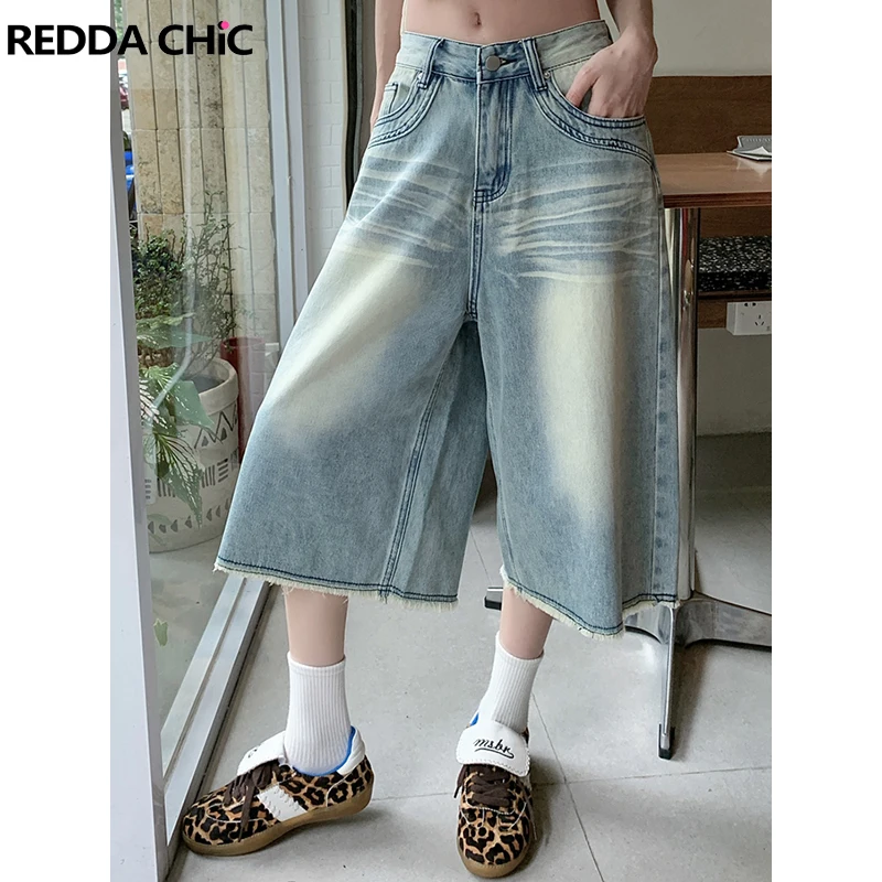 

ReddaChic Women Whiskers Wide Leg Denim Shorts Washed Frayed Straight High Waist Cleanfit Baggy Jorts Summer Vintage Streetwear