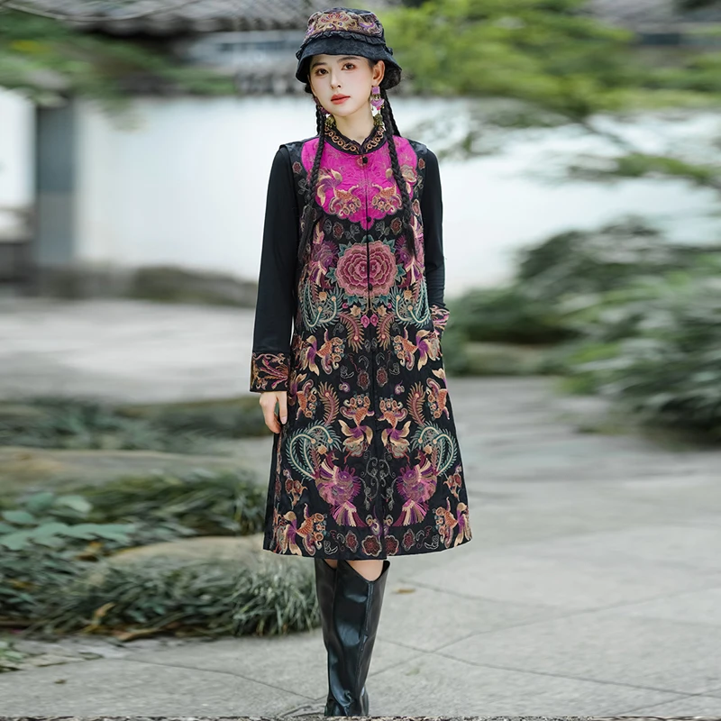 جديد لخريف وشتاء 2025 على الطراز الوطني الصيني بياقة واقفة بدون أكمام سترة طويلة غير رسمية معطف فضفاض يومي سترة بلوزة T1 #1