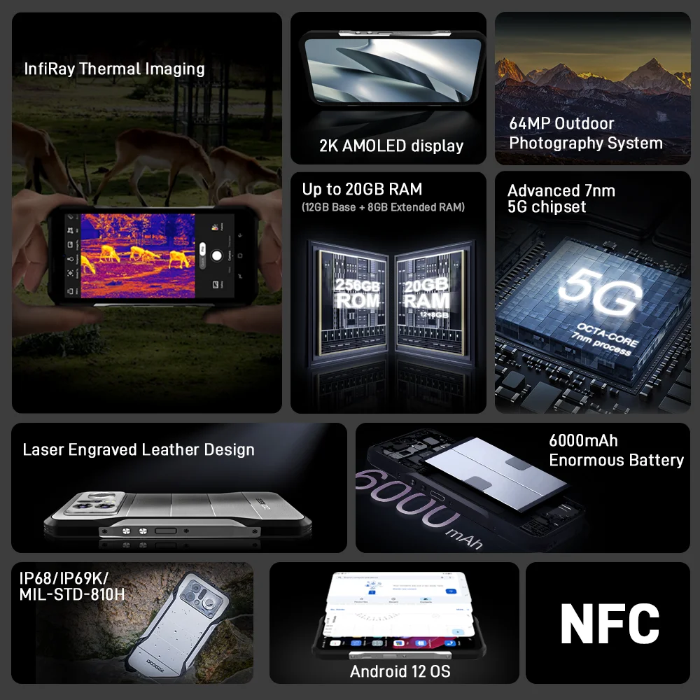 DOOGEE-Smartphone V20 Pro à imagerie thermique 5G, téléphone portable, 12 Go, 256 Go, 6.43, écran 2K, appareil photo 64MP, 6000mAh, charge 33W, mobile