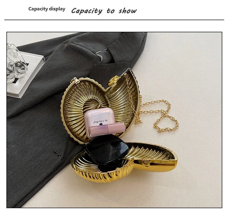 Einfache Conch Abendessen Tasche frauen Schulter Messenger Umhängetasche Spaß Persönlichkeit Metall Kette Kupplung Acryl Shell Telefon Taschen Heißer – Detail 24