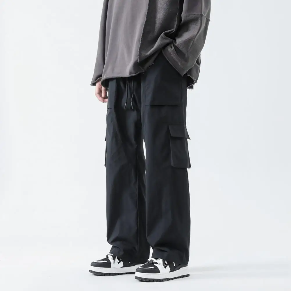 

Cargo Trousers Men's Elastic Drawstring Cargo Pants with Pockets Solid Color Straight Leg Trousers for Streetwear Style