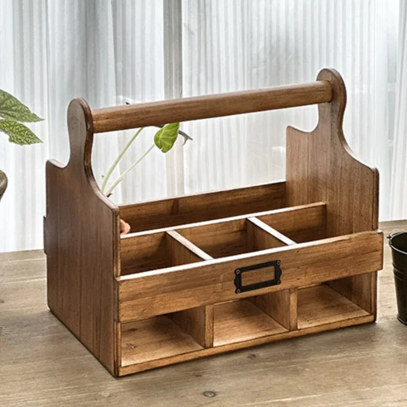 Portable Table Sundry Finishing Rack Retro Solid Wood Storage Box Outdoor Camp Coffee Water Cup Partition Design Carrying Basket