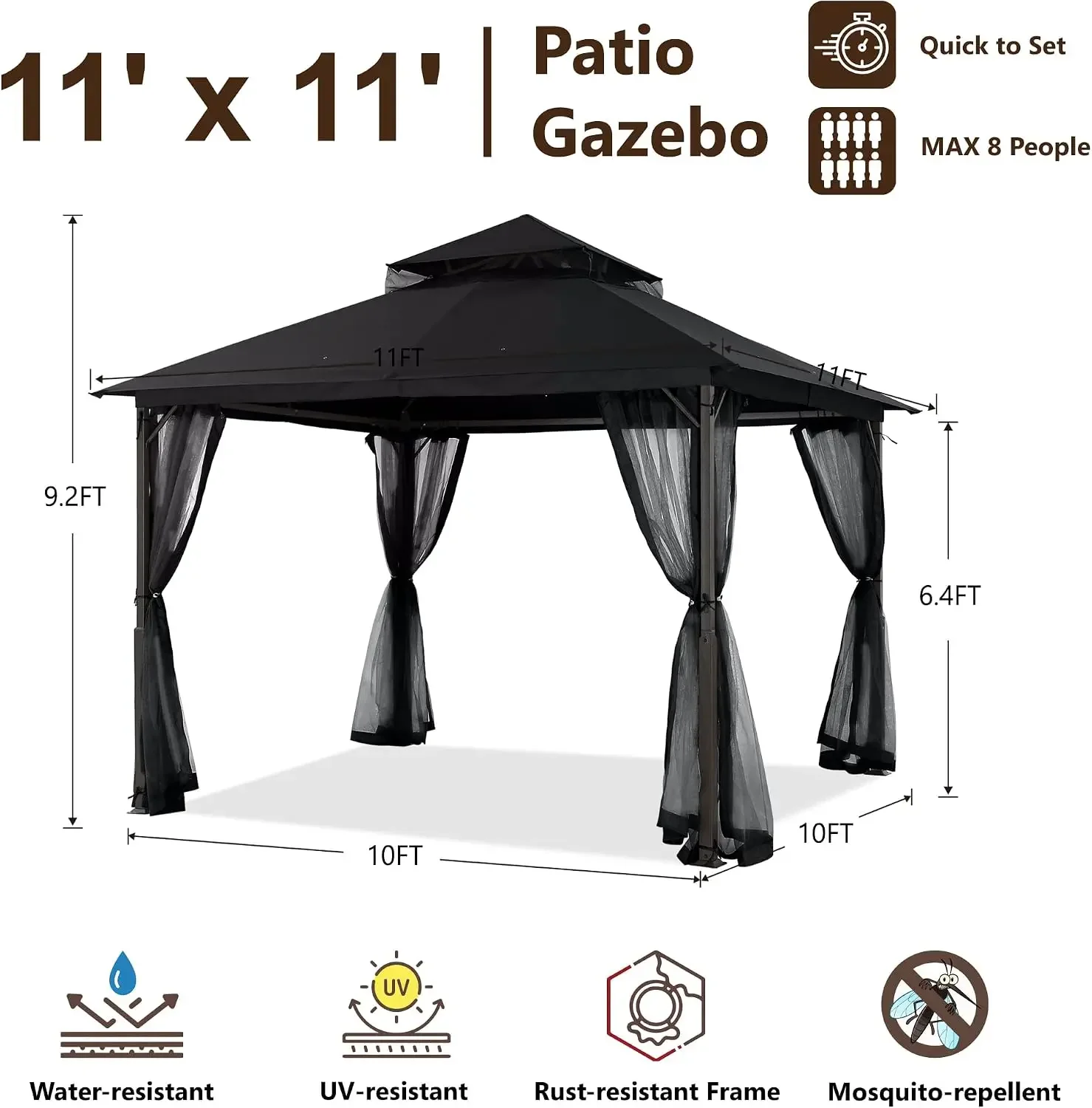US Shipping Brand new 11x11 ft Stable Patio Gazebo with Netting Walls, Black | Galvanized Steel Frame, 8 Braces, 4 Mesh Walls, V