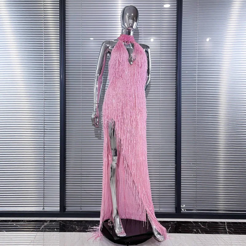 New Arrival Ladies Sexy Low-cut High Split Sleeveless Tassel Dress European and American fashion Party Dinner Dress