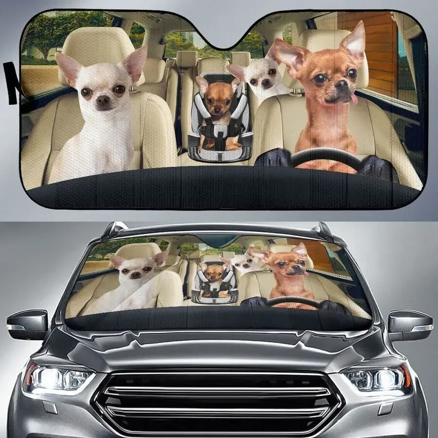 Funny Chihuahua Family Driving Dad Mom and Child Dog Lover Car Sunshade, Chihuahua Car Window Sun Cover for Dog Mom Gift, Car Wi