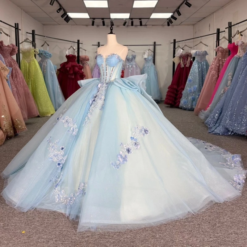 

Небесно-голубое блестящее платье Quinceanera с открытыми плечами, аппликация, цветок, бисер, кристалл, тюль, вечерние, день рождения, сладкое платье 16, Vestidos
