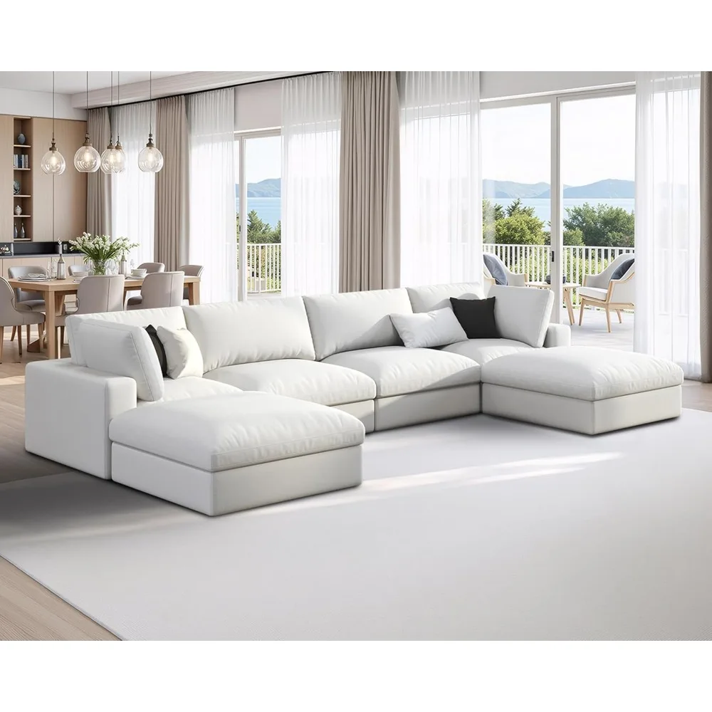 152 Inches Modular Sectional Sofa, Feather Down Filled, 6 Seats U Shaped Couch with Chaise, Ottoman,for Living Room Apartment