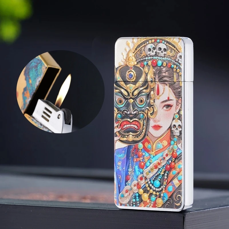 

Ultra Thin Double-sided Color Printed Inflatable Lighter Windproof Open Flame Grinding Wheel Ignition Outdoor Portable Lighter