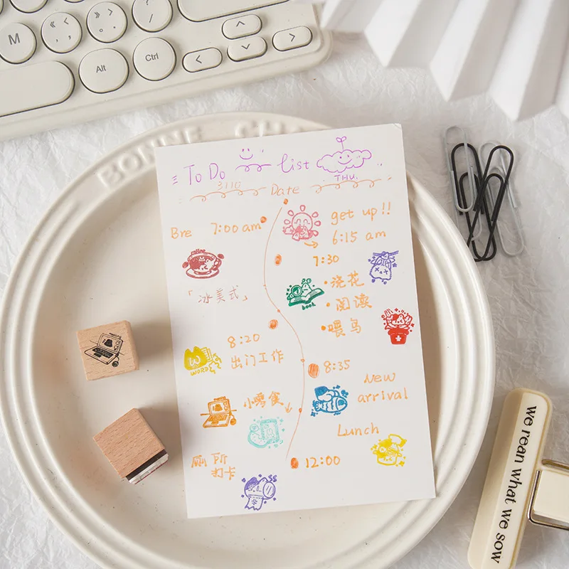 9 قطعة سلسلة تسجيل الوقت الحيوان القط اليومية ختم خشبي اليدوية DIY بها بنفسك ألبوم الإبداعية المشهد المحاسبة الختم