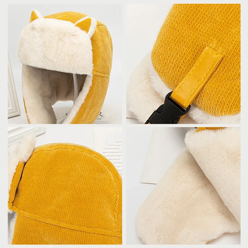 قبعات بومبر للنساء والرجال سميكة دافئة الروسية Ushanka الفراء قبعة موضة قبعة قطنية دافئة آذان القط قبعة الشتاء قبعات الروسية #6