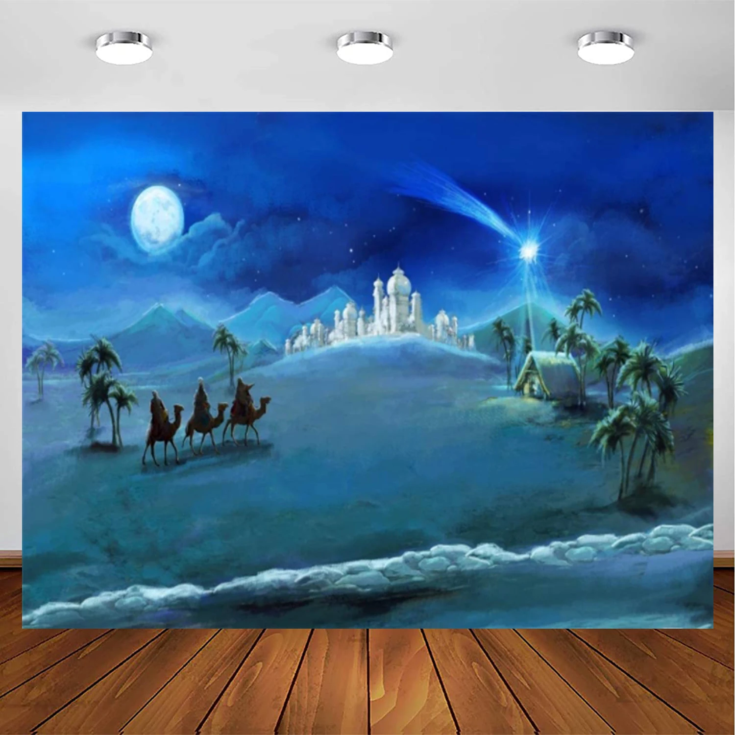 Stable Nativity Scene Photography Backdrop Shiny Star Birth of Christ Jesus Camels Sheeps Sketch Manger Scene Background Decor