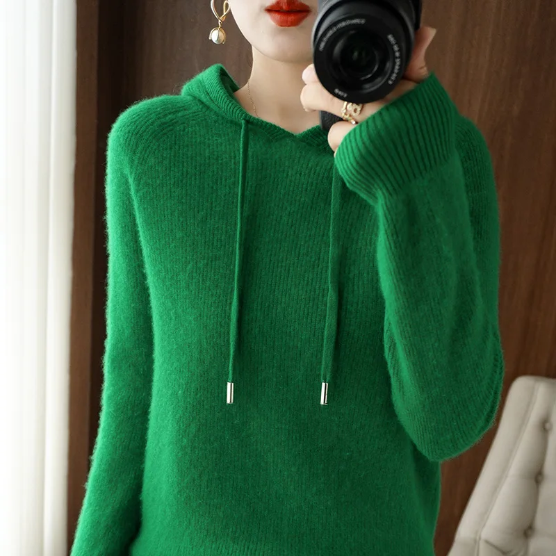 Classic Hoodie Women Knitwear Cashmere blend Pullover Fashion Wool Sweater Vertical stripe style Thick Warm Loose Basics Tops