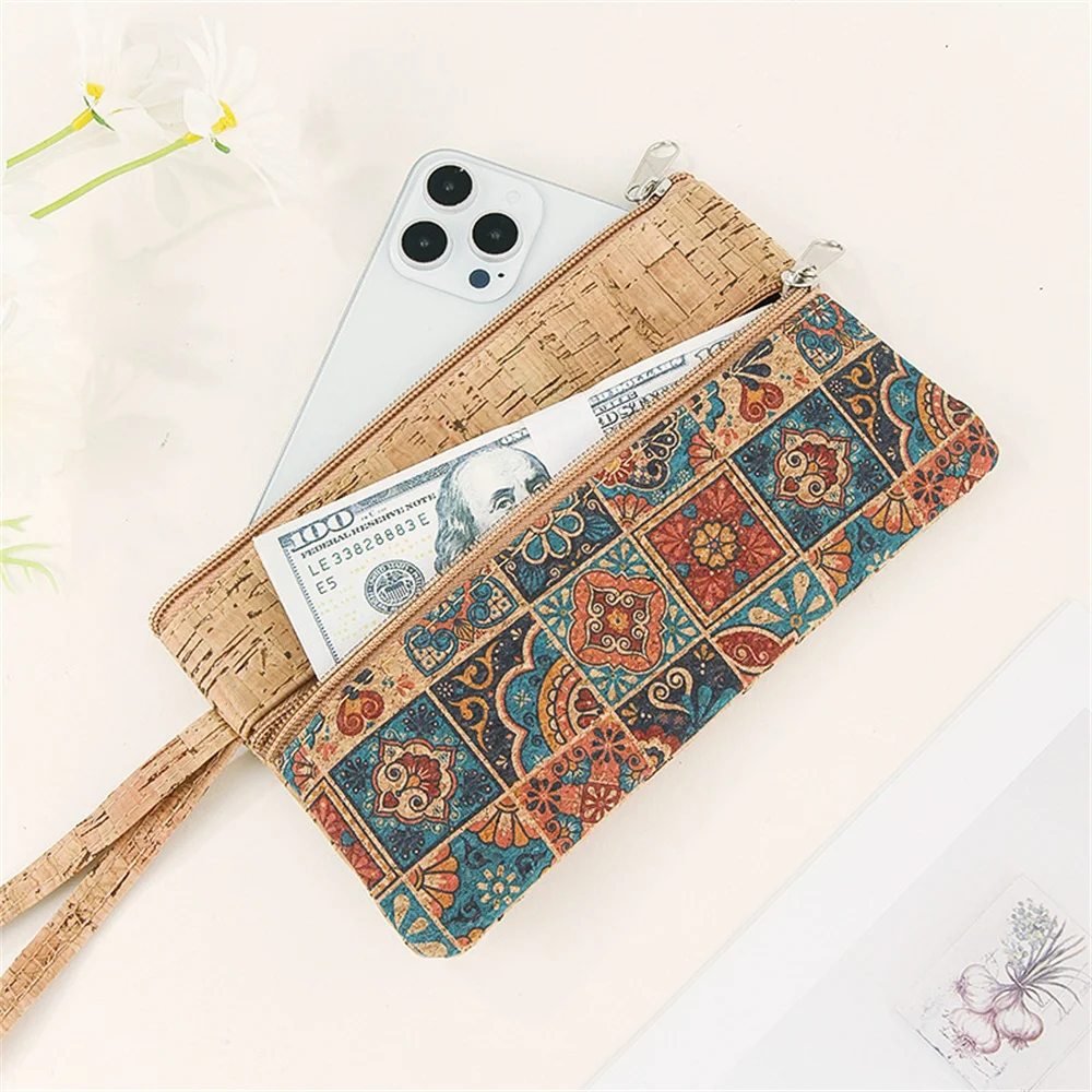 Women Men Cork Print Coin Purse Portable Cell Phone Pouch Mini Wallet Double Layer Zipper Money Bag Key Lipstick Organizer Pouch