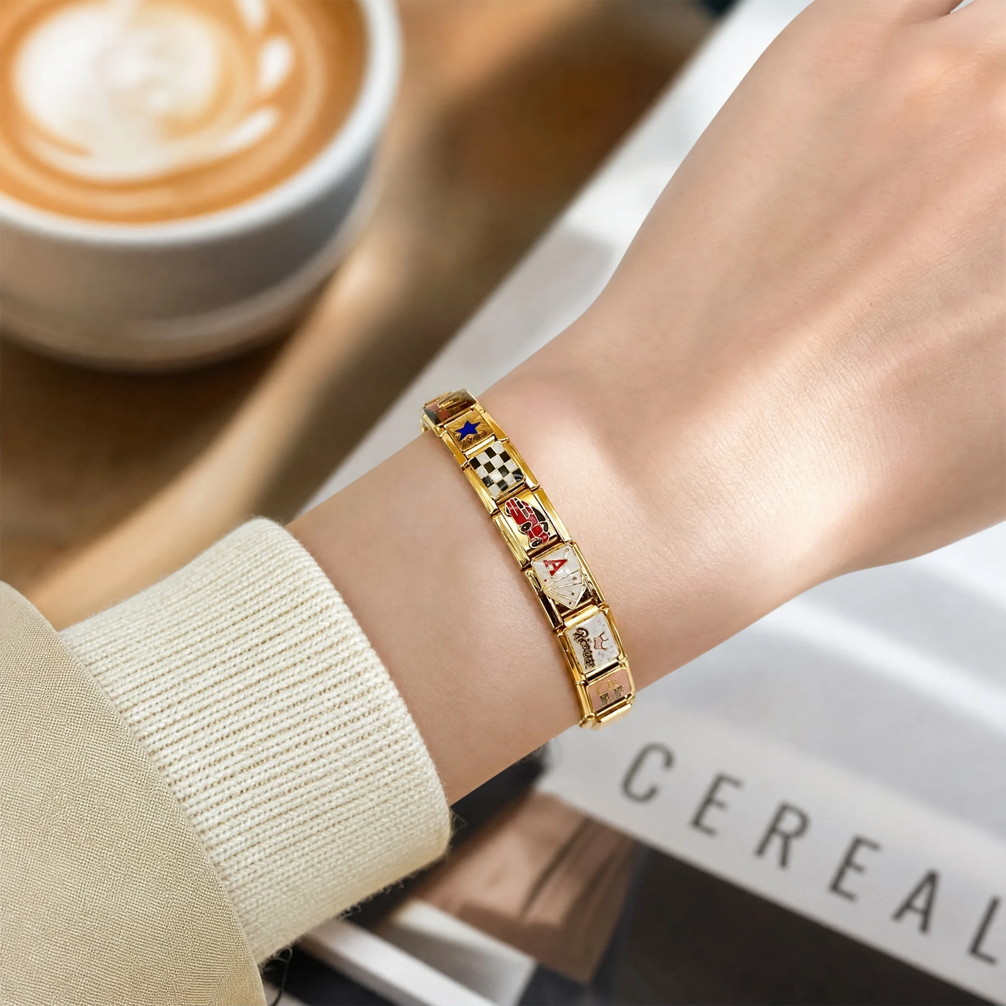 Personalized DIY Gold Color Italian Charm Bracelet Stainless Steel Poker Princess Bling Motorcycle Bead Fit 9mm Bracelet Jewelry 4