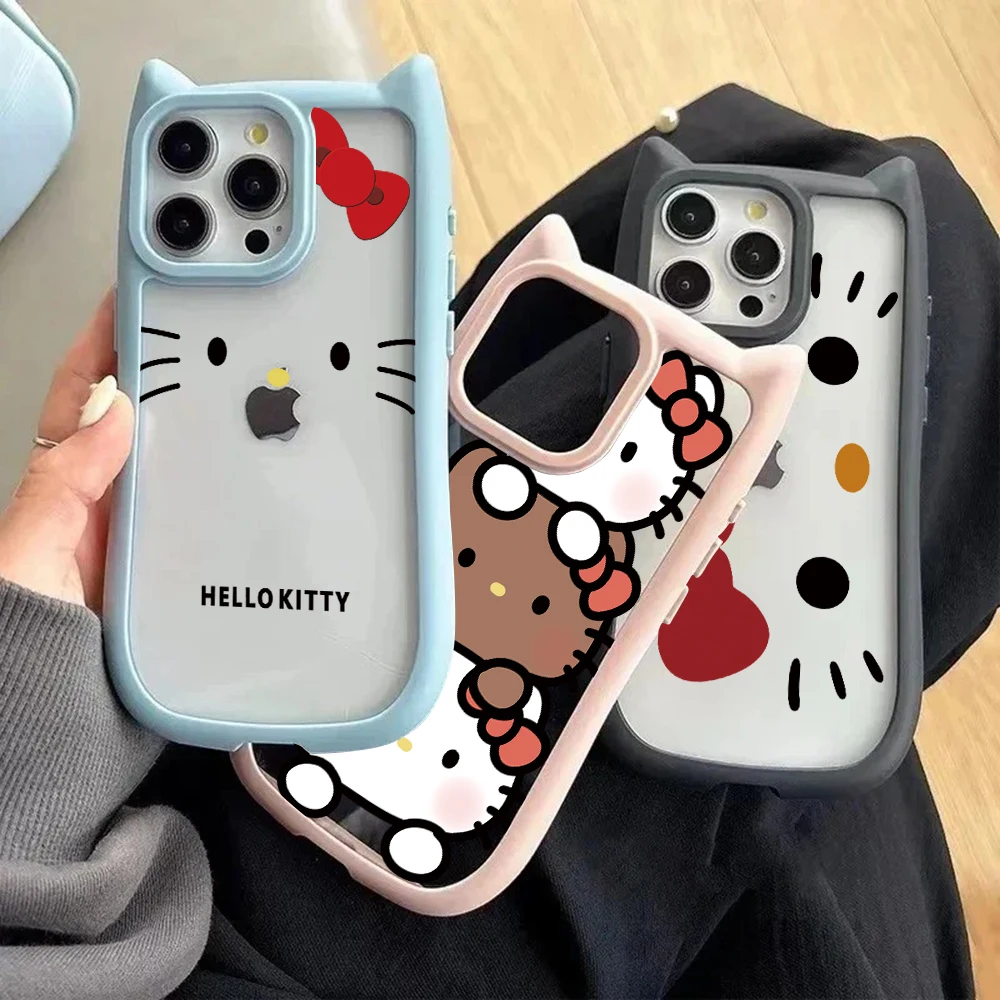 Hello Kitty Cute Cat Ear Phone Case For iPhone 15 14 13 12 11 Pro Max Transparent Shockproof Hard Acrylic Soft Silicone Bumper