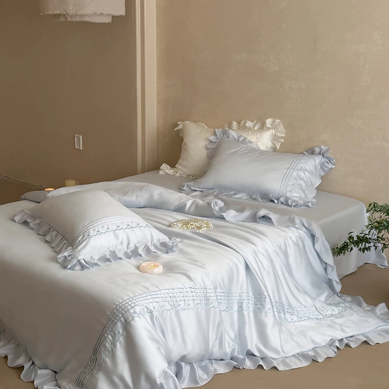 

Luxury 600TC Lyocell Silky Soft Cooling Breathable Bedding Set Ruffles Embroidery Duvet Cover Flat/Fitted Sheet Pillowcases 4Pcs
