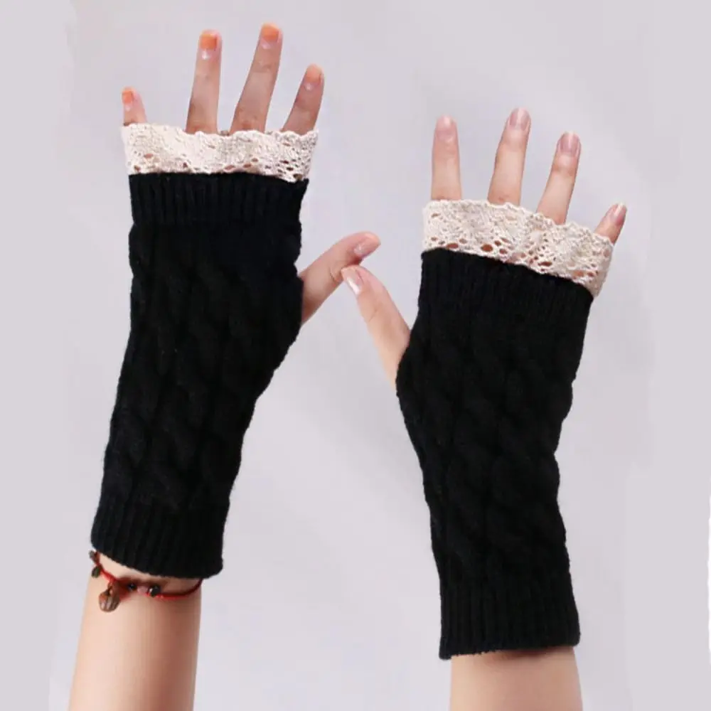 Lace Stitching Half Finger Gloves Winter Warm Knitted Wool Fingerless Gloves For Women Short Wrist Warmer