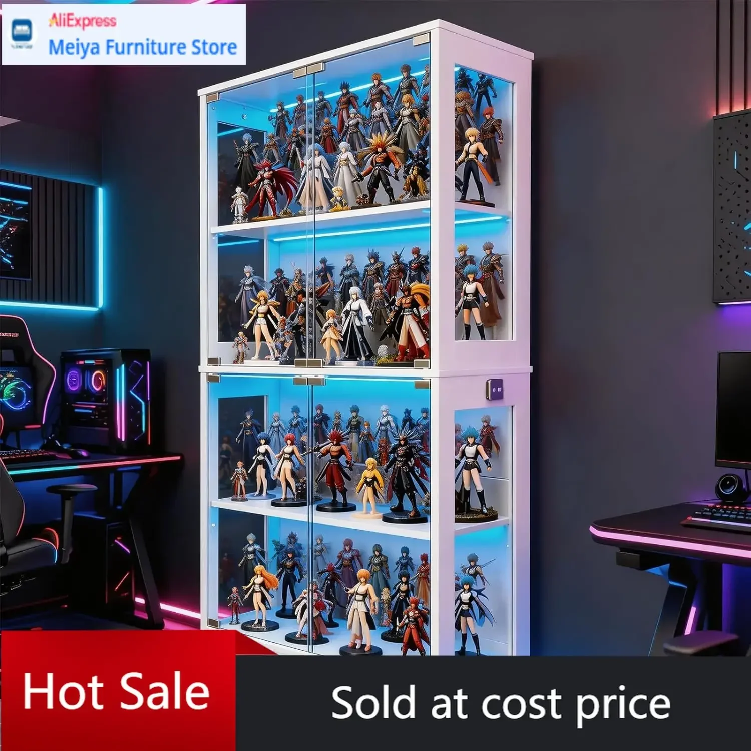 White 4Tier Glass Door Display Cabinet Curio Case With 3Color Lights Human Body Sensor Shelves Storage For Collectibles Books