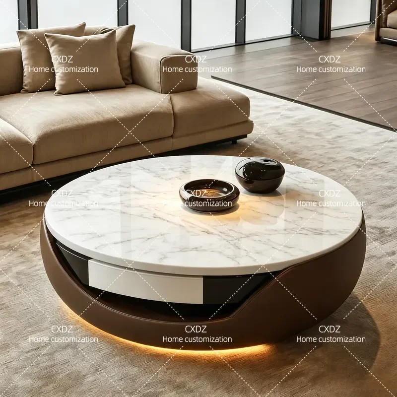 Natural Stone Round Coffee Table Modern Simple Luxury Waist Design Living Room Home Villa Furniture High End Sense