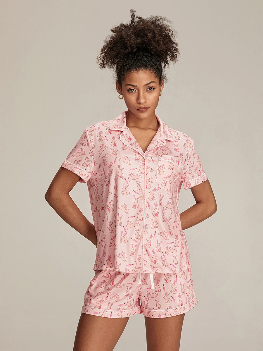 Women 2 Piece Pajama Set Bunny Print Button T-Shirt and Elastic Shorts for Loungewear Soft Sleepwear for Nightwear