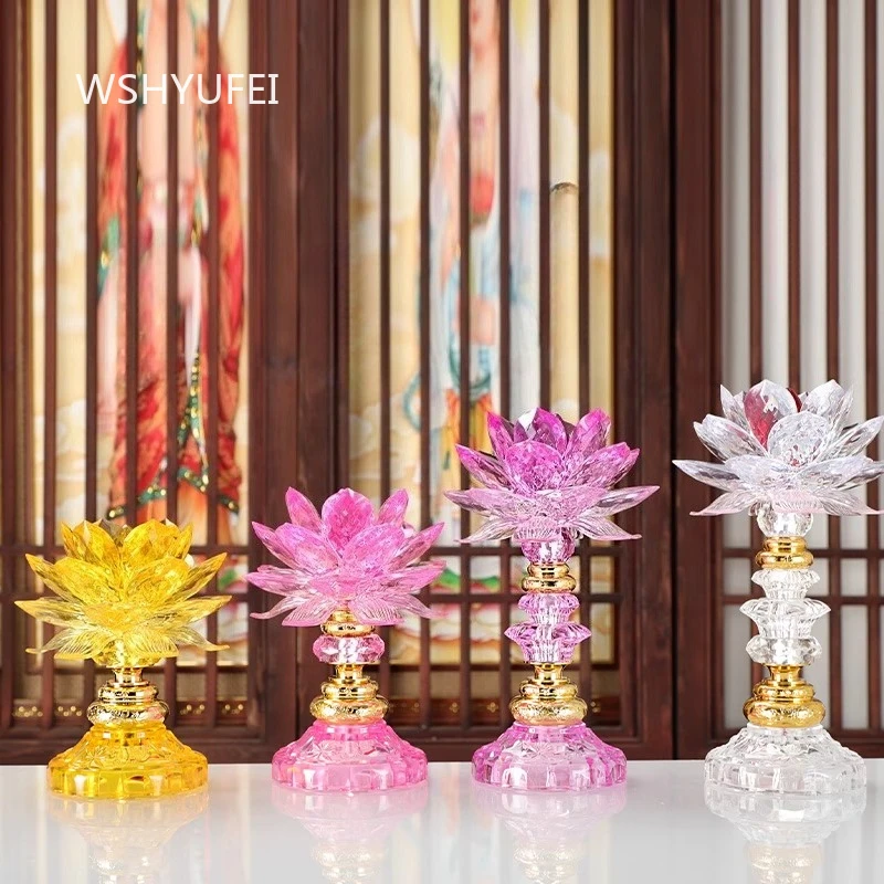 

A Pair of Crystal Lotus Lamps LED Lotus Flower Buddha Statue for Buddha Offering Buddha Hall Lamp Home Decoration