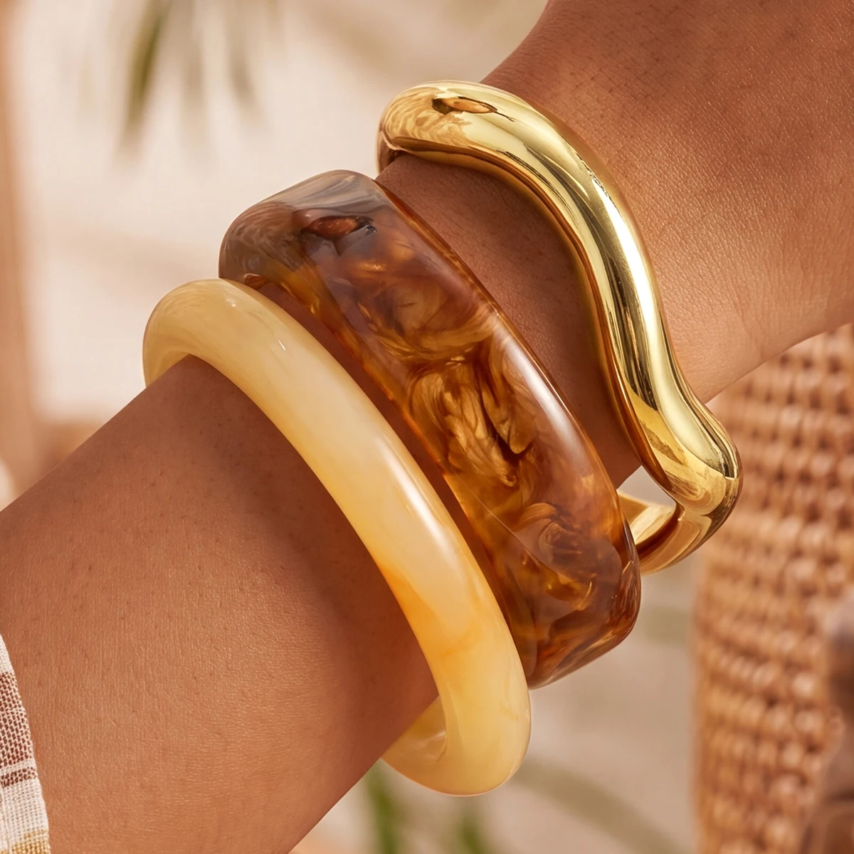 3-teiliges Retro-Armband-Set mit unregelmäßigem Batik-Muster aus Harz, Boho-Chunky-Armband mit geometrischem CCB-Design für Damen, trendiger Alltagsschmuck, Geschenkidee – Detail 5
