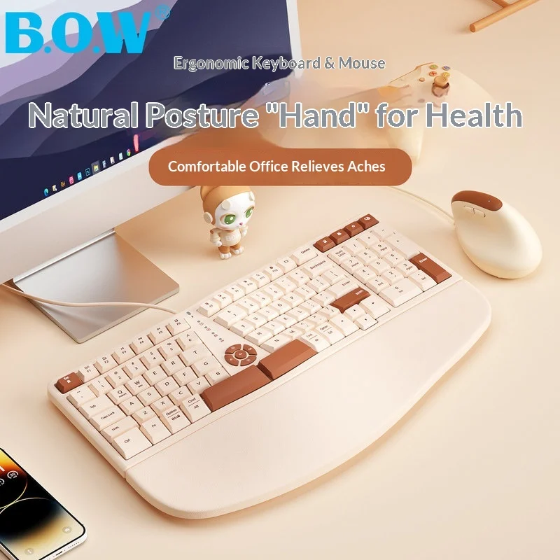 Fmouse Ergonomic Split Wired Keyboard And Mouse Set Usb Quiet Typing For Desktop Laptop Computer Office Home Wrist Protection