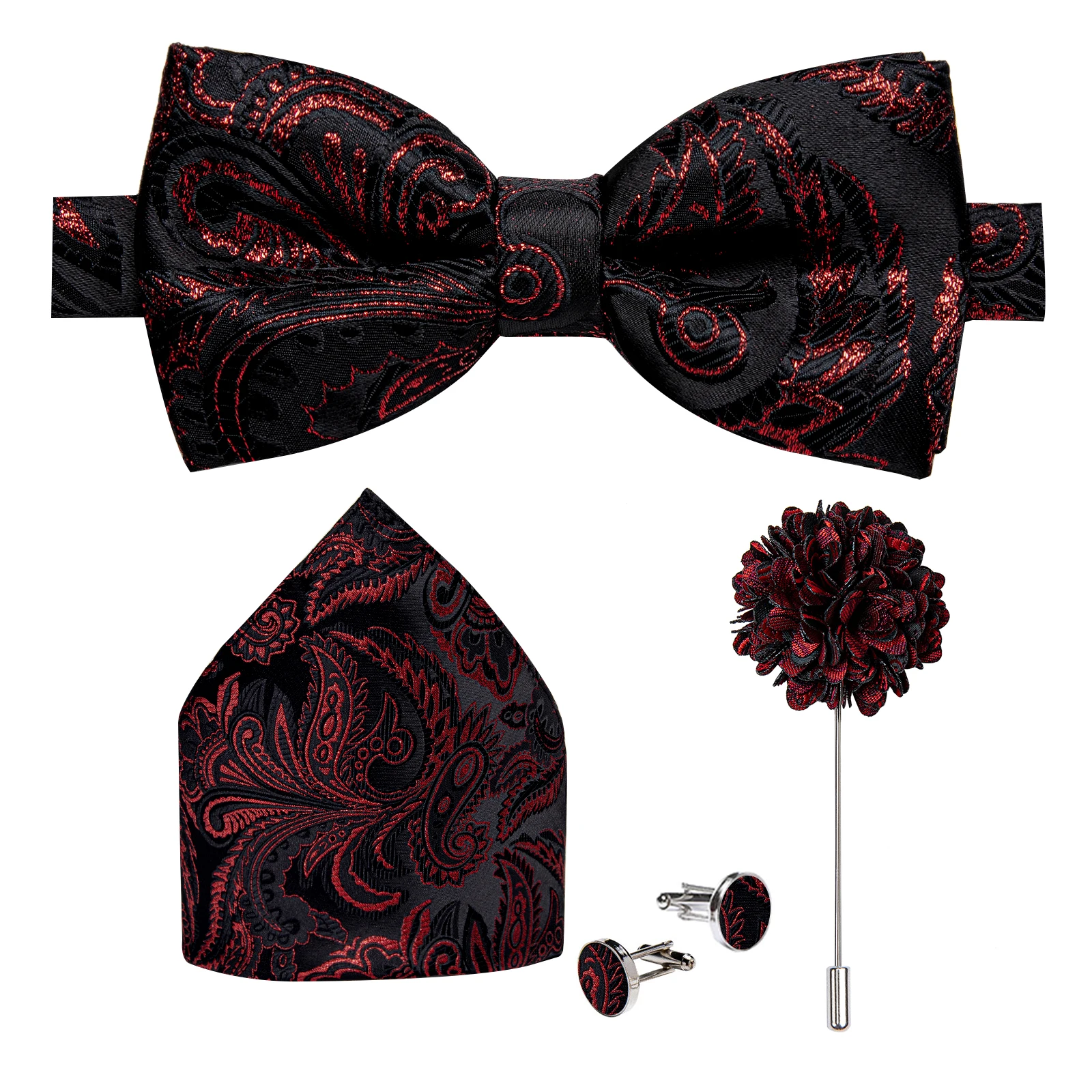 Hochzeitsfliege für Herren, klassisch rot, vorgebundene Fliege, Manschettenknöpfe, Ansteckblume, Set für Partys, Schmetterlingsknoten, Geschenk, Herren-Accessoires – Detail 38