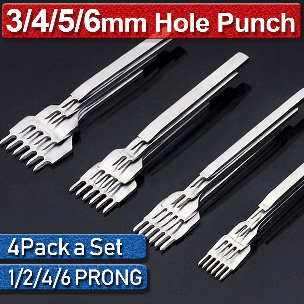 

4Pcs/set Iron Hole Punches 1+2+4+6 Prong Lacing Stitching Chisel Punch Tool 3/4/5/6mm Leather Craft Chisel Punch Stitching Tool