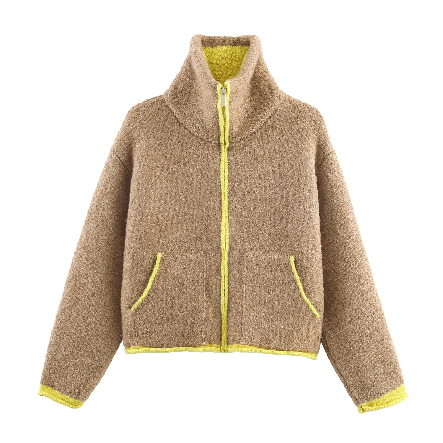 2026 Spring New Contrast Knitted Cardigan Jackets For Women Elegant Long Sleeve Pockets Zipper Sweater Street Lady Chic Outwear