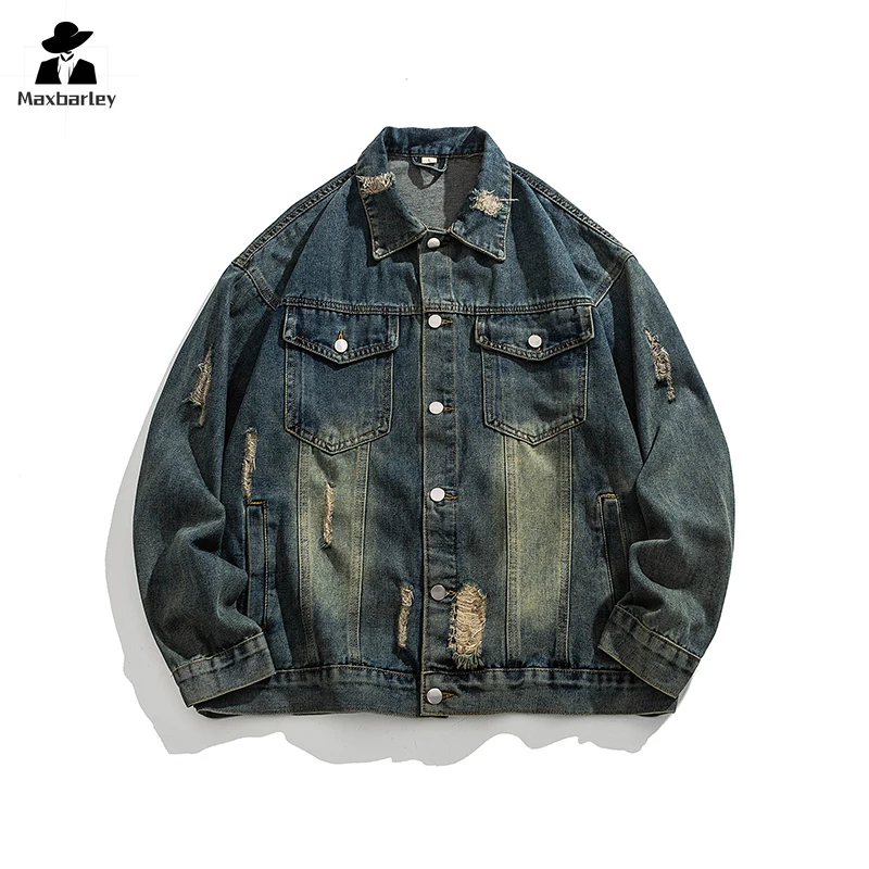 

Vintage Wear Out Denim Jacket Men Women Fashion Brand Pocket Lapel Blue Denim Coat Autumn Youth Workwear Windproof Loose Jacket