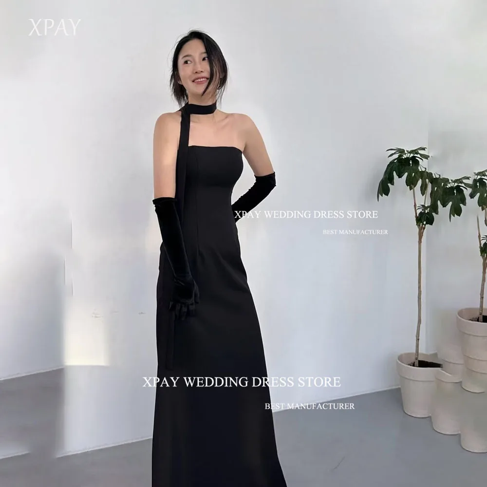 

XPAY Simple Black Including Gloves Evening Dresses Korea Wedding Photoshoot Adjustable Strap Matte Satin Formal Party Customized