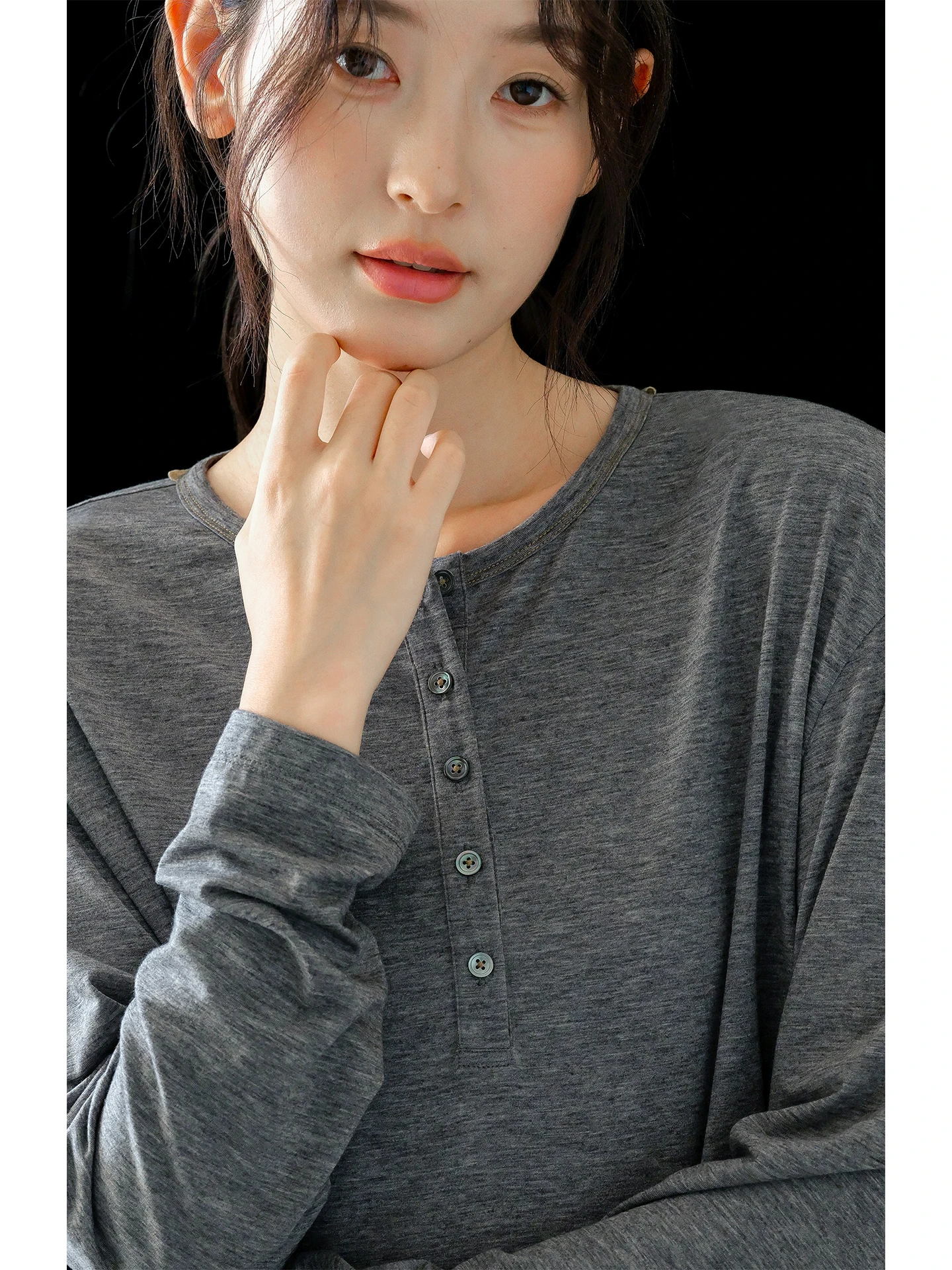 Fine Spun Wool Henry Collar Long Sleeve T-Shirt Women's Autumn Winter Loose Fit Casual Style Pure Color Base Layer Top