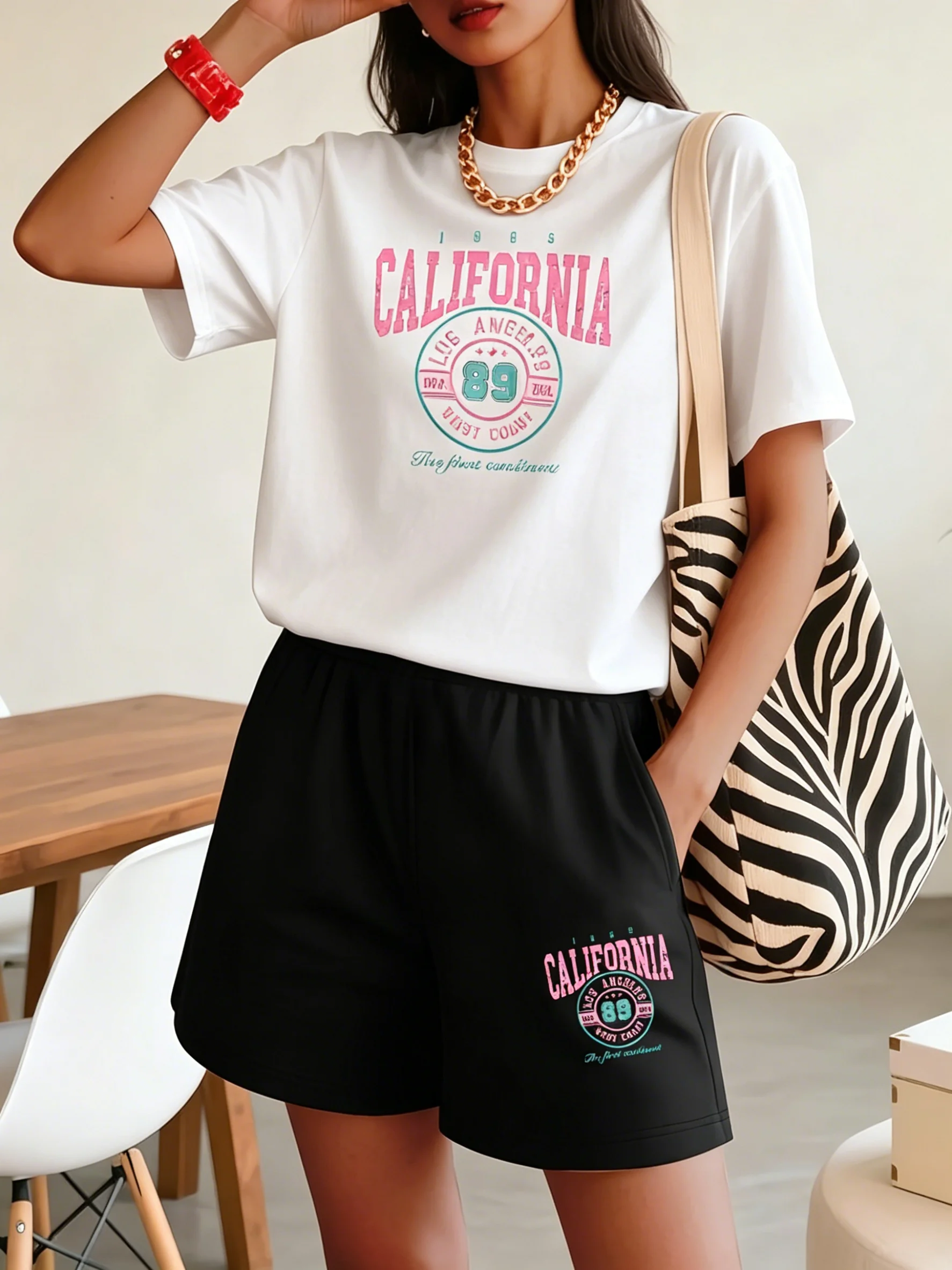Summer women's fashion sporty casual wear, featuring a stylish lettered pink California pattern summer clothing for women