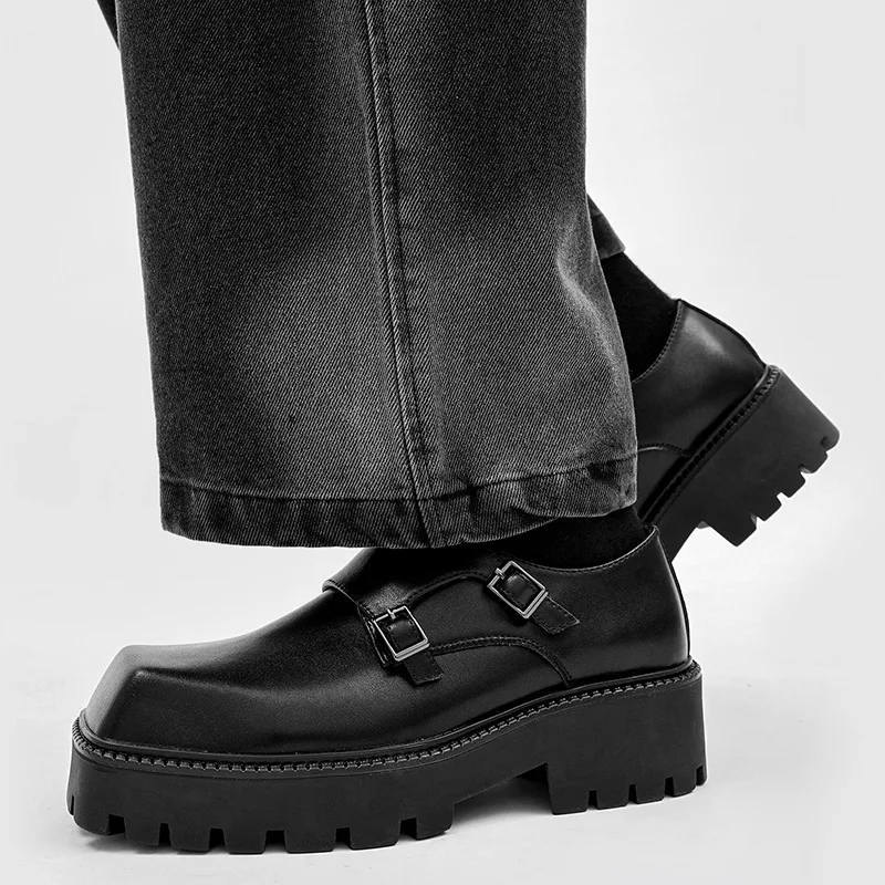 men luxury fashion stage nightclub monk shoes genuine leather platform shoe black trendy loafers square toe sneaker man footwear