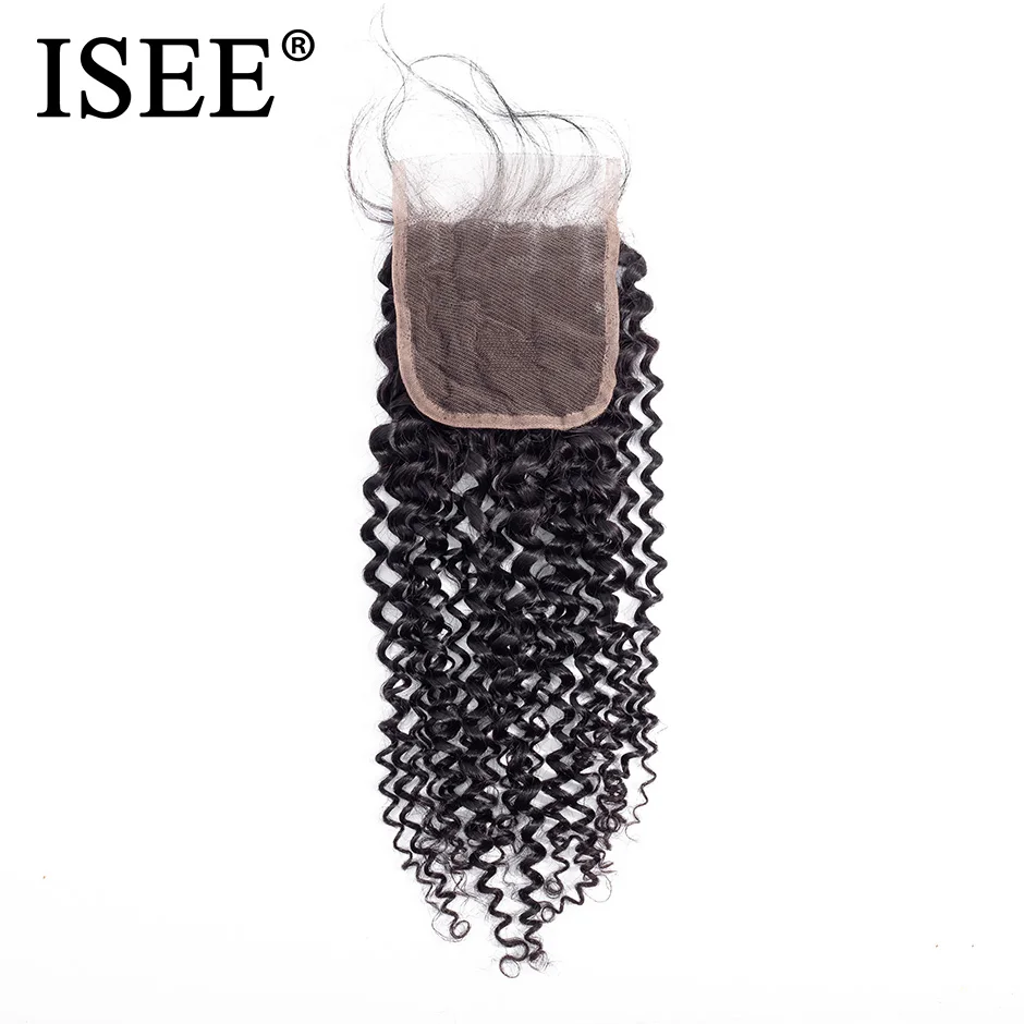 ISEE HAIR Kinky Curly Lace Closure 4*4 Free Part 100% Remy Human Hair Bundles 8-20 inch Lace Closure Nature Color