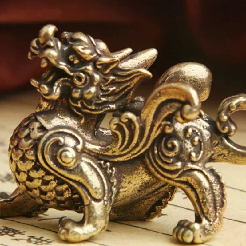 Chinese Fengshui Brass Statue Figurine Kylinsculpture Wealth Decor Prosperity Good Yao Pi Ornament Qilin Dragon Luck Animal