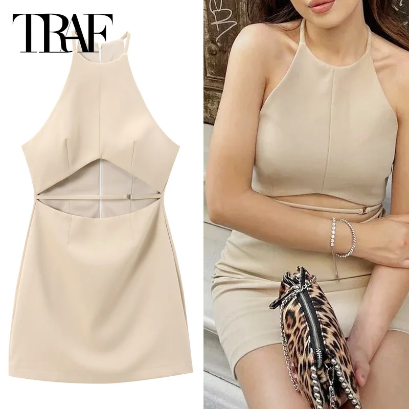 TRAF abito corto senza maniche donna abiti estivi con spalle scoperte 2024 Mini abiti con cavezza ritagliati per le donne abiti da festa Sexy da donna