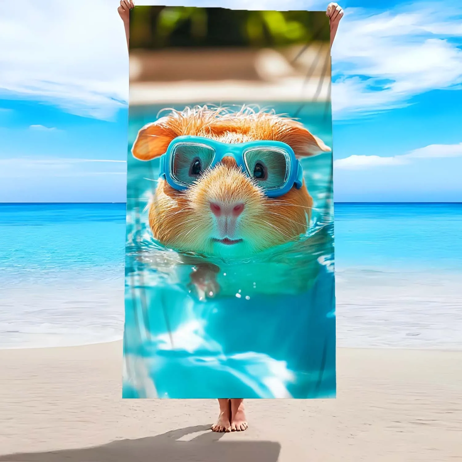 Cute Guinea Pig With Swimming Goggles 3D Print Beach Towel Novelty Animal Highly Absorbent Towel For Holiday Beach Pool Party