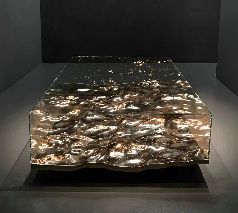 Nordic style art modern luxury fiberglass base, water ripple waves, irregular shape, glass mirror coffee table
