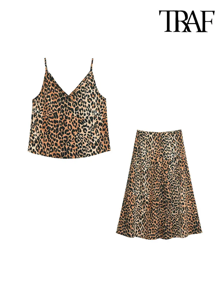 TRAF Women Fashion Leopard Flowing Tank Tops And High Waist Animal Print Midi Skirts Female Two Piece Sets Mujer