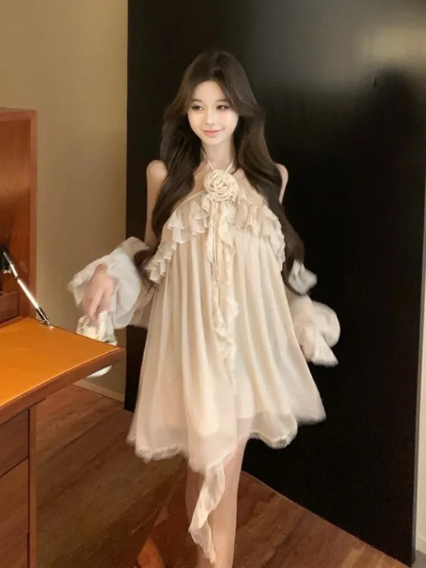 

Elegant Pure Desire Women's Summer Short Sleeve Chiffon Dress Neck Hanging A-Line Princess Skirt Gentle Sea Beach Vacation