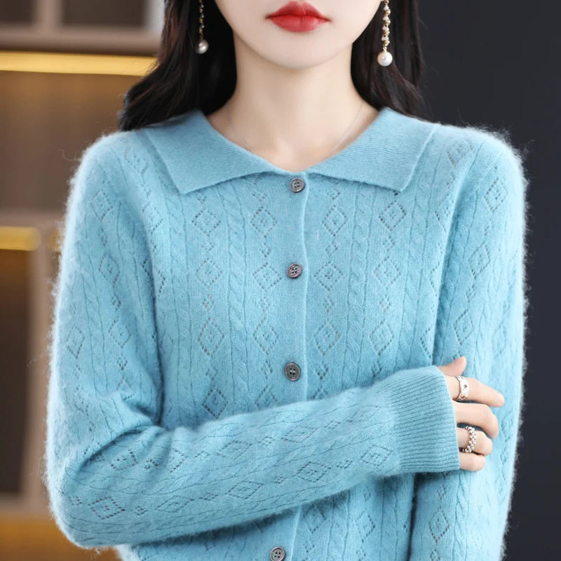 

Spring/Autumn Merino Wool Sweater Women's Polo Collar Hollowed Out Knit Cardigan Chic Knitt Cashmere Sweater Loose Look Slim Top