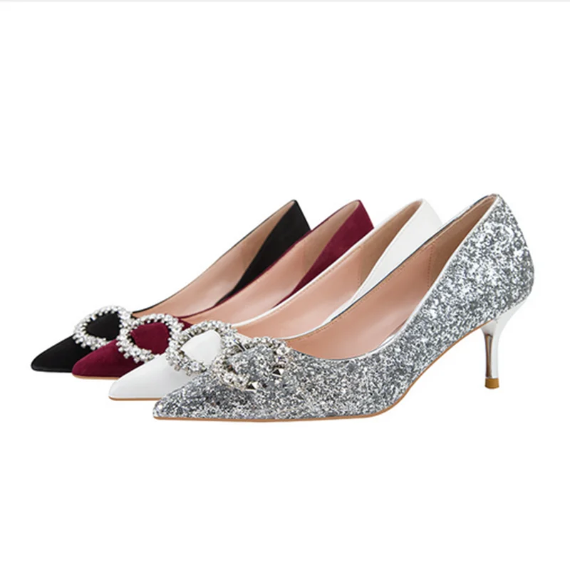 

Lady Wine Silver Bling Sequined Cloth Stilettos 6cm Thin Heels Shoes For Party Dress 34-4125cm Small And Big Feet Pumps Fashion