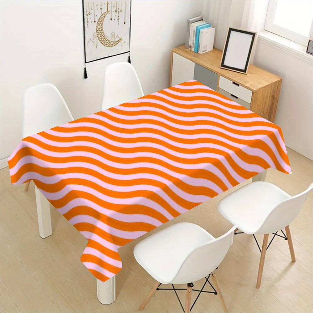 Wavy Stripe Tablecloth, Vivid Orange Pink Wave Print Cover, Anti-stain Table Cloth, Decor for Daily Meal & Cheerful Family Party