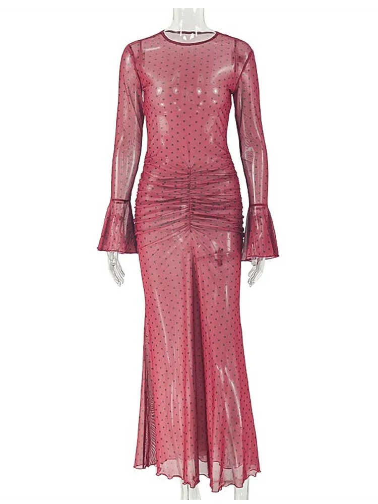Long Elegant Spring Dresses with Flared Sleeve Dots Printed Evening Red Dresses for Youth Women Valentines Day Dress Sexy - view 6
