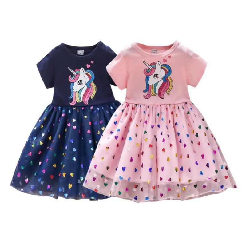Girls Dress Cartoon Unicorn Heart-Shaped Mesh Cotton Splicing Cute Princess Birthday Party Dresses Summer Kids Casual Clothes