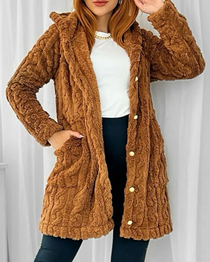 

new in Women Coat 2024 Autumn Fashion Cable Textured Button Front Long Sleeve Casual Hooded Pocket Design Fuzzy Teddy Coat