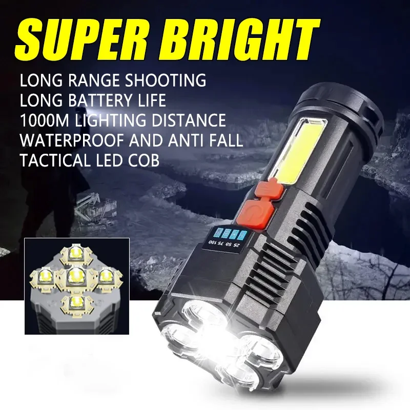 ultra bright LED Flashlight USB Rechargeable Camping Torch Multifunctional Hiking Fishing Portable Hand Lantern COB Side Light
