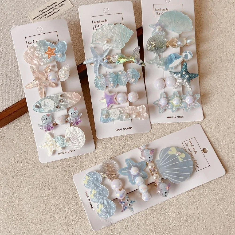 5Pcs/Set New Ocean Series Shell Starfish Hair Clips Set Side Clip Pink Mermaid Hairpins Conch Princess Headdress Beach